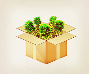 Image showing pineapples in cardboard box. 3D illustration. Vintage style.