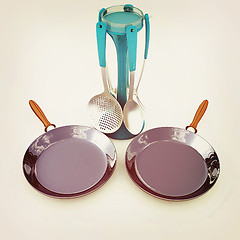 Image showing pan and cutlery. 3D illustration. Vintage style.