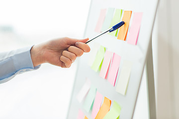 Image showing close up of hand pointing to sticker on flip chart