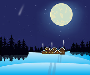 Image showing Winter night and village in wood