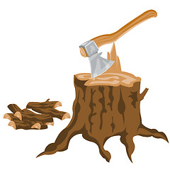 Image showing Axe and pricked firewood