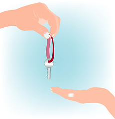 Image showing Male hand giving key and feminine palm