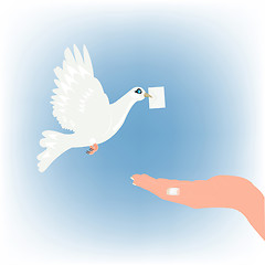 Image showing Dove carrying letter and stretching feminine palm