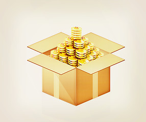 Image showing Gold dollar coins in cardboard box. 3D illustration. Vintage sty