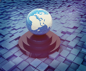 Image showing earth on a podium against abstract urban background. 3D illustra