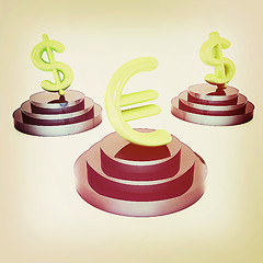 Image showing icon euro and dollar signs on podiums. 3D illustration. Vintage 