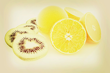 Image showing slices of kiwi, orange and half orange. 3D illustration. Vintage