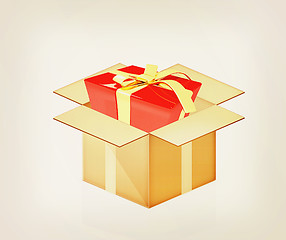 Image showing Red gift with gold ribbon in cardboard box. 3D illustration. Vin
