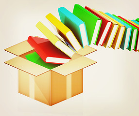 Image showing colorful real books in cardboard box. 3D illustration. Vintage s