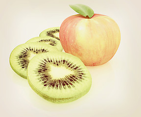 Image showing slices of kiwi and apple. 3D illustration. Vintage style.