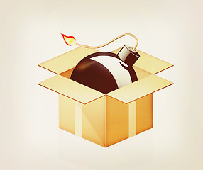 Image showing black bomb burning in cardboard box. 3D illustration. Vintage st