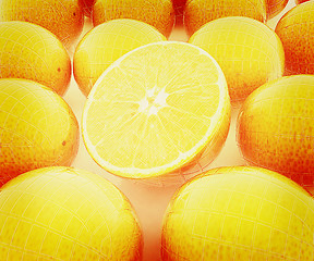 Image showing oranges and half oranges . 3D illustration. Vintage style.