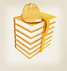 Image showing Stack of leather technical book with belt and hard hat. 3D illus