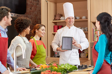 Image showing happy friends with tablet pc in kitchen