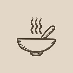 Image showing Bowl of hot soup with spoon sketch icon.