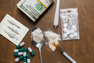 Image showing close up of drugs, money, spoon and syringe