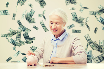 Image showing senior woman putting money to piggy bank at home