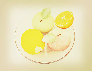 Image showing Citrus and apple on a plate. 3D illustration. Vintage style.