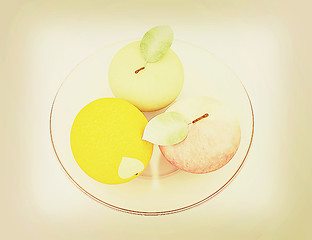 Image showing Citrus and apple on a plate. 3D illustration. Vintage style.