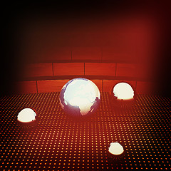 Image showing Earth and ball on light path to infinity. 3D illustration. Vinta