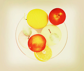 Image showing Citrus and apple on a plate. 3D illustration. Vintage style.