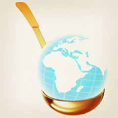 Image showing Blue earth on gold soup ladle . 3D illustration. Vintage style.