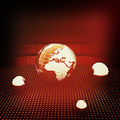 Image showing Earth and ball on light path to infinity. 3D illustration. Vinta