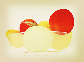 Image showing Citrus and apple on a plate. 3D illustration. Vintage style.