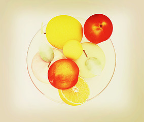 Image showing Citrus and apple on a plate. 3D illustration. Vintage style.