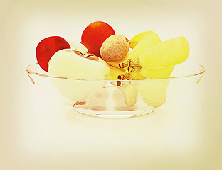 Image showing Citrus and apple on a plate. 3D illustration. Vintage style.