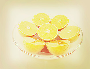 Image showing half oranges on a plate. 3D illustration. Vintage style.