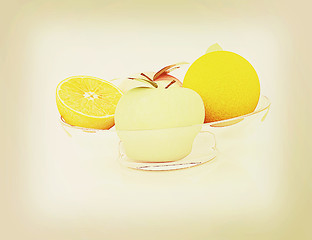 Image showing Citrus and apple on a plate. 3D illustration. Vintage style.