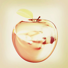 Image showing Chrome Apple with green leaf. 3D illustration. Vintage style.