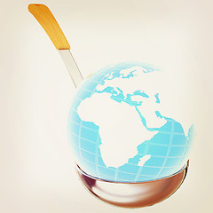 Image showing Blue earth on soup ladle . 3D illustration. Vintage style.