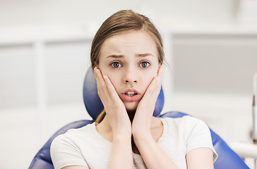 Image showing scared and terrified patient girl at dental clinic