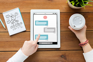 Image showing close up of woman with tablet pc on wooden table