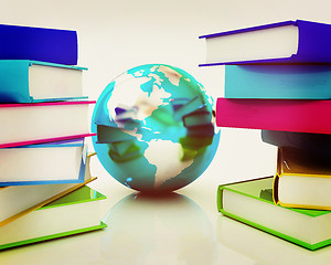 Image showing Colorful books and earth. 3D illustration. Vintage style.