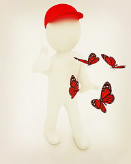 Image showing 3d man in a red peaked cap with thumb up and butterflies. 3D ill