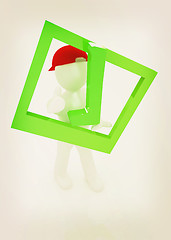 Image showing 3d man in a red peaked cap with thumb up and a huge tick. 3D ill