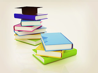 Image showing Graduation hat with books. 3D illustration. Vintage style.