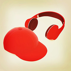 Image showing cap and headphones. 3D illustration. Vintage style.