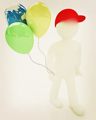 Image showing 3d man keeps balloons of earth and colorful balloons . Global ho