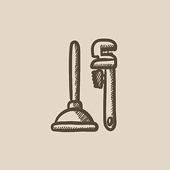 Image showing Pipe wrenches and plunger sketch icon.