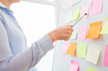 Image showing close up of hand pointing to sticker on flip chart