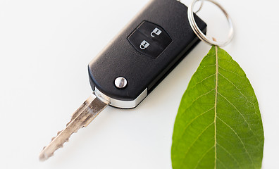 Image showing close up of car key and green leaf