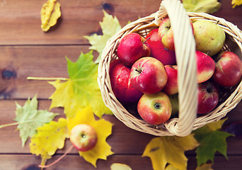 Image showing close up of basket with apples on wooden table