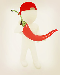 Image showing 3d man with chili pepper. 3D illustration. Vintage style.