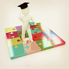 Image showing 3d man in a graduation Cap with thumb up with individual puzzles