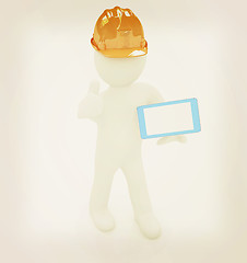 Image showing 3d white man in a hard hat with thumb up and tablet pc . 3D illu