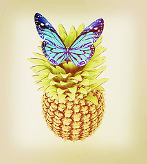 Image showing Blue butterflys on a pineapple. 3D illustration. Vintage style.